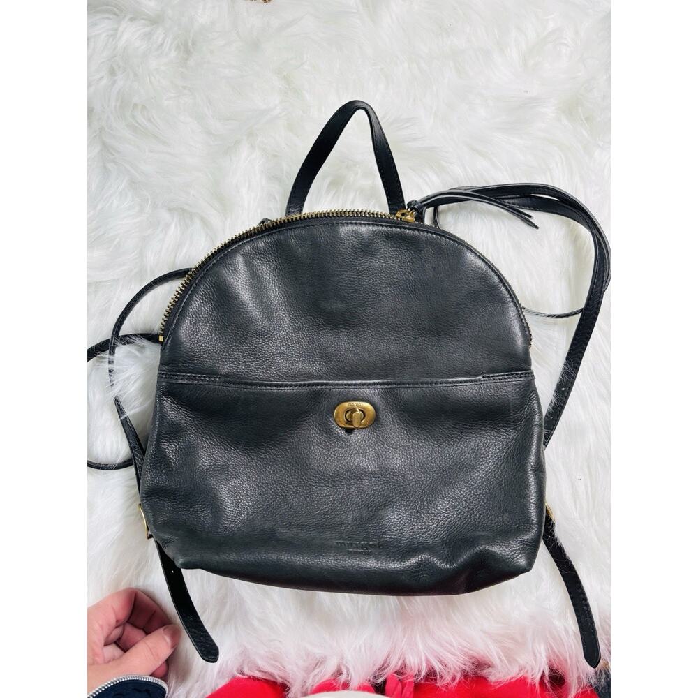 Margot New York Camille Pebbled Leather Backpack Turnlock Black Buckle Strap